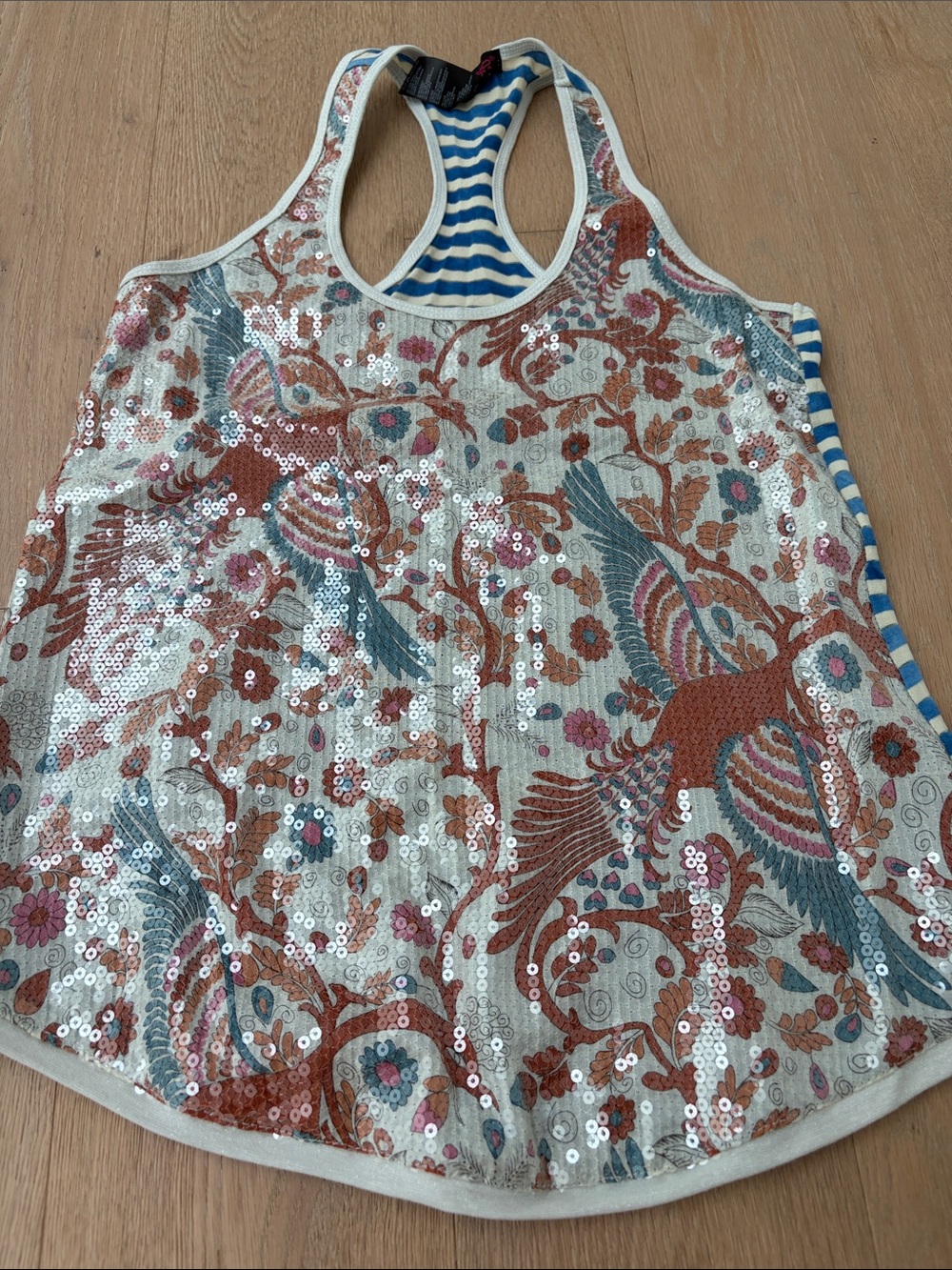 Custo Barcelona Rust & Blue Sequin Bird Racerback Tank
